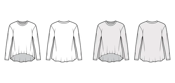 T-shirt petit ami en jersey de coton illustration de mode technique avec col rond classique, manches longues, ourlet haut-bas — Image vectorielle