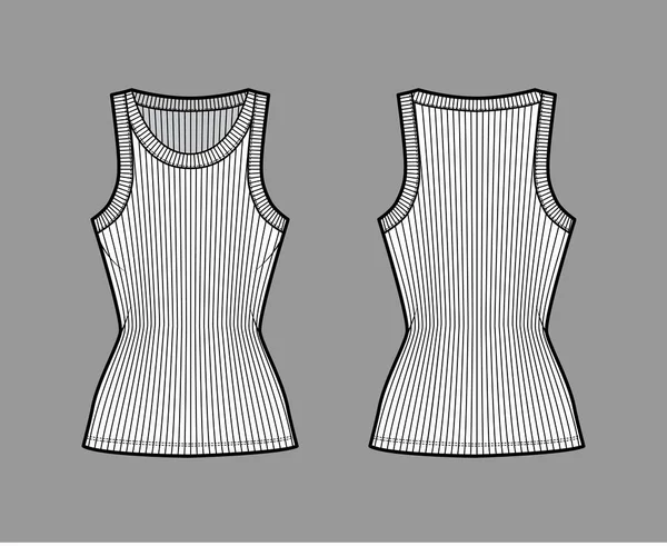 Débardeur en jersey de coton côtelé illustration de mode technique à large col rond, corps tricoté ajusté, camisole longueur tunique — Image vectorielle