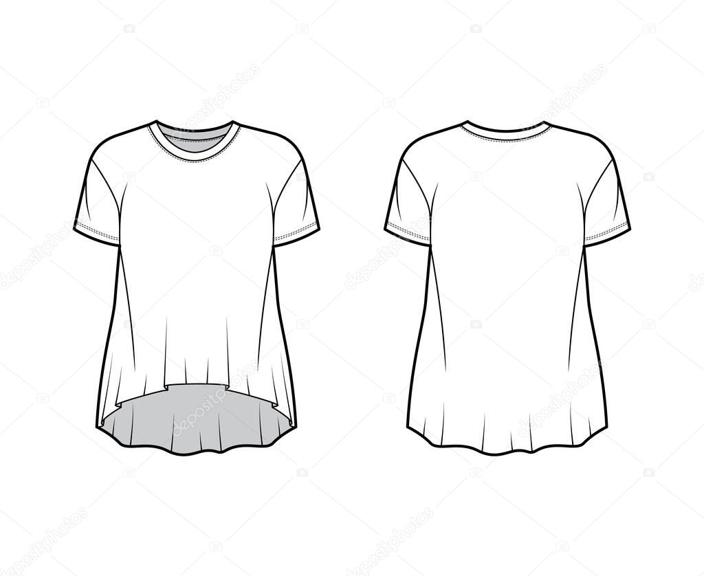 Boyfriend cotton-jersey T-shirt technical fashion illustration with classic crew neckline, short sleeves, high-low hem
