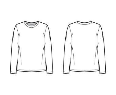 Gevşek formalı, yakalı ve uzun kollu pamuk-formalı teknik moda illüstrasyonları. Düz giyim