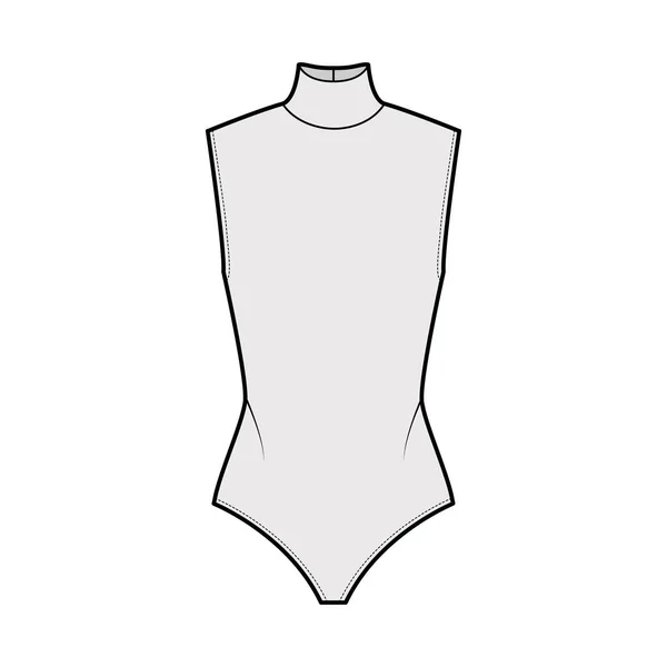 Katoenen jersey coltrui bodysuit technische mode illustratie met gemonteerde gebreide body, mouwloos. Overhemd plat schoeisel — Stockvector