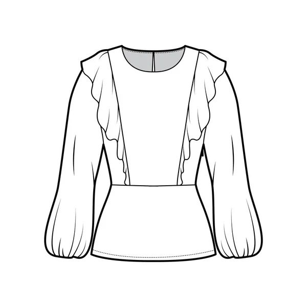 Ruffled blusa técnica moda ilustração com bainha, pescoço oval, back botão de fixação fechadura buraco, manga bispo longo — Vetor de Stock