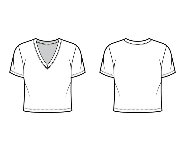 Koszulka bawełniana-koszulka Ilustracja moda techniczna z głębokim dekoltem w serek, krótkie rękawy, długość talii. Bielizna płaska — Wektor stockowy