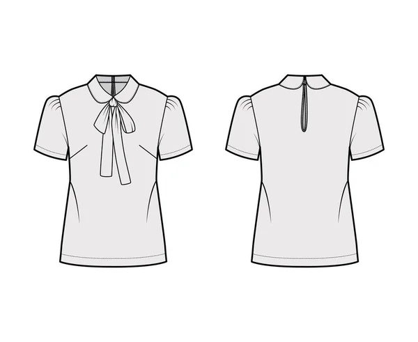 Pussy-bow blouse technical fashion illustration with Peter Pan collar, short sleeves, back button-fastening keyhole — Vector de stock
