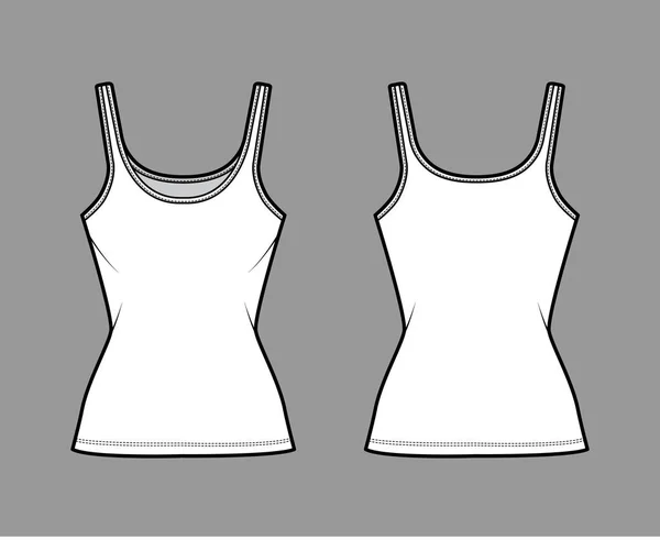 Débardeur en jersey de coton illustration de mode technique avec col rond, coupe étroite, longueur tunique. Tenues plates camisole basique — Image vectorielle