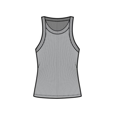 Tırtıklı pamuk-forma tankı teknik moda çizimi geniş yakalı, rahat örgü ören, tunik uzunluğunda kaşkorse