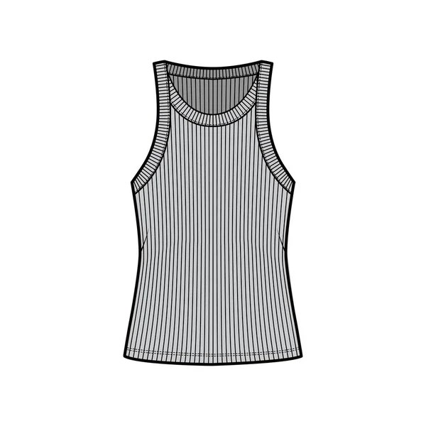 Ilustração de moda técnica de tanque de algodão-jersey com gola larga, relaxe malha de ajuste, camisola de comprimento túnica — Vetor de Stock