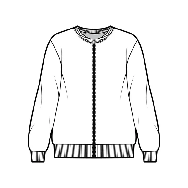 Sudadera sobredimensionada de algodón con cremallera ilustración técnica de moda con ajuste relajado, escote redondo, mangas largas — Vector de stock