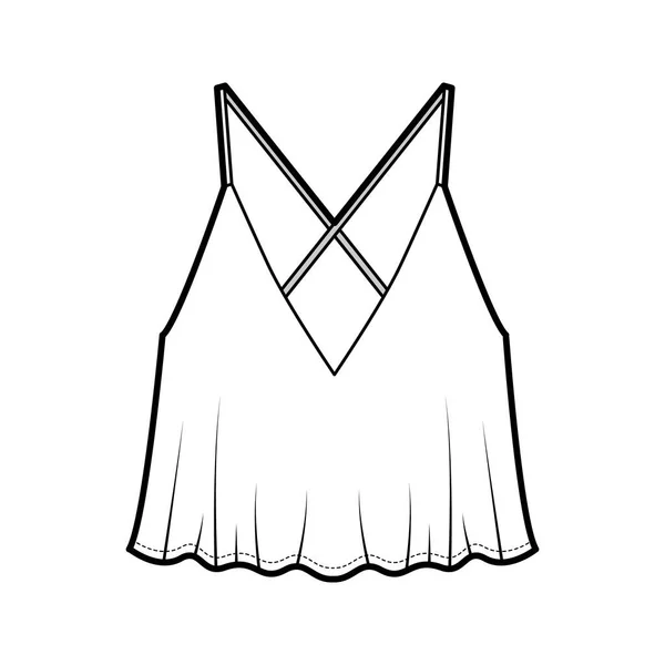 Illustration de mode technique supérieure camisole recadrée avec col en V profond, ourlet arrondi, silhouette ample, bretelles en X au dos. — Image vectorielle