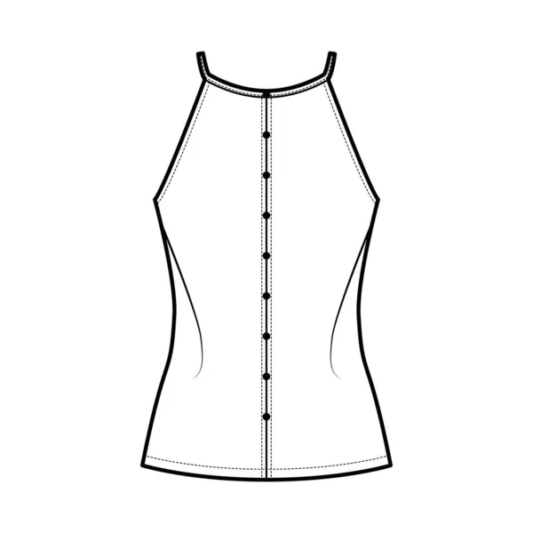 Ilustración de moda técnica Camisole con ajuste relajado, correas finas, racerback, fila de botones. Tanque de ropa plana — Archivo Imágenes Vectoriales