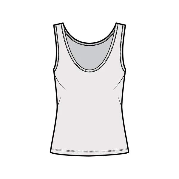 Ilustração de moda técnica de tanque de algodão-jersey com corpo de grandes dimensões, pescoço profundo colher, bainha alongada. Roupa interior plana — Vetor de Stock