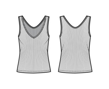 Tırtıklı, geniş gövdeli, V yakalı, uzun kenarlı, geniş kenarlı bir tank teknik tasviri. Düz üste 