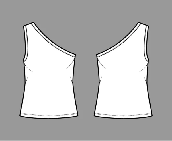 Camiseta elástica de un hombro tanque ilustración técnica de moda con cuerpo de gran tamaño, dobladillo alargado. Ropa interior plana cami — Vector de stock