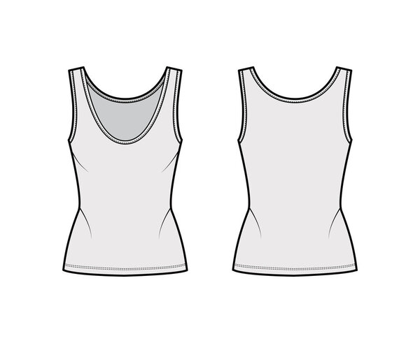 Cotton-jersey tank technical fashion illustration with fitted body, deep scoop neck, elongated hem. Flat outwear apparel