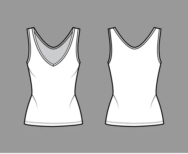 棉质球衣罐体技术时尚图解与合身，深V领口，拉长折边。平面外置服装 — 图库矢量图片