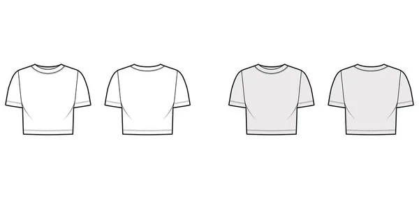 Beskuren bomull-jersey t-shirt teknisk mode illustration med scoop hals, korta ärmar, slappna av passform. Platta kläder — Stock vektor