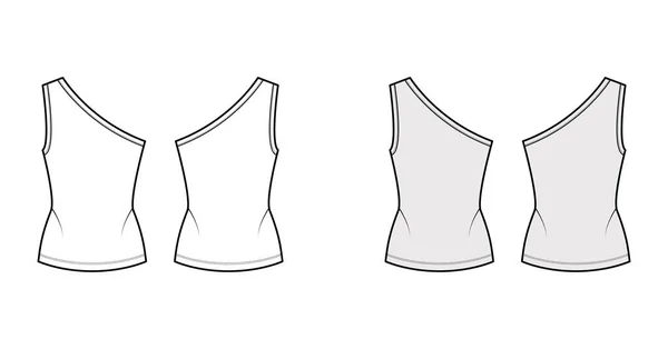 Canotta in jersey elasticizzato monospalla illustrazione tecnica di moda con corpo aderente, orlo allungato. Abbigliamento piatto cami — Vettoriale Stock
