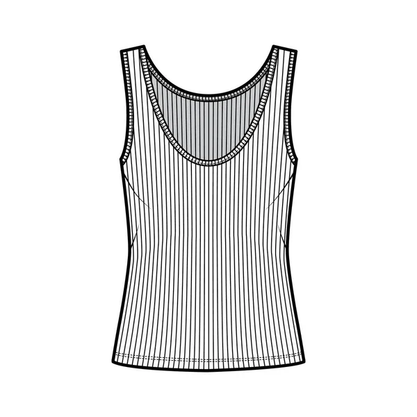 Ilustração de moda técnica de tanque de malha aberta com corpo de grandes dimensões, pescoço de colher profundo, bainha alongada. Roupa interior plana — Vetor de Stock