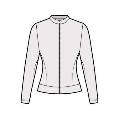 Fermuarlı pamuk-formalı sweatshirt, rahat formalı, yakalı, uzun kollu, teknik moda illüstrasyonu. 