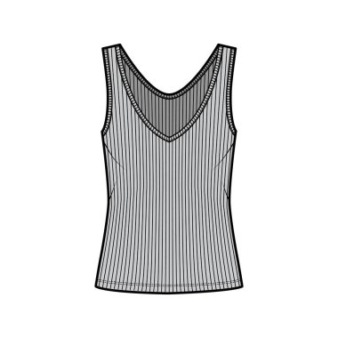 Tırtıklı, geniş gövdeli, V yakalı, uzun kenarlı, geniş kenarlı bir tank teknik tasviri. Düz üste 