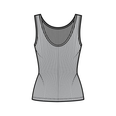 Kaburgalı, açık tanklı, teknik moda çizimi, uygun vücut, derin kepçe boyunlu, uzun kenarlı. Düz üst giysi