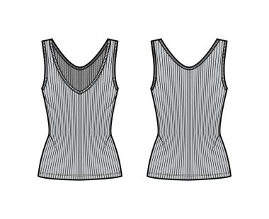 Kaburgalı, açık tanklı, teknik moda tasviri. Vücuduna uygun, V yakalı, uzun kenarlı. Düz üst giysi 