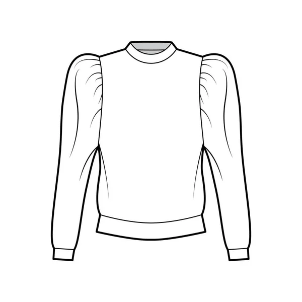 Katoen-jersey sweatshirt technische mode illustratie met ontspannen pasvorm, bemanning hals, verzameld, gezwollen lange mouwen. — Stockvector