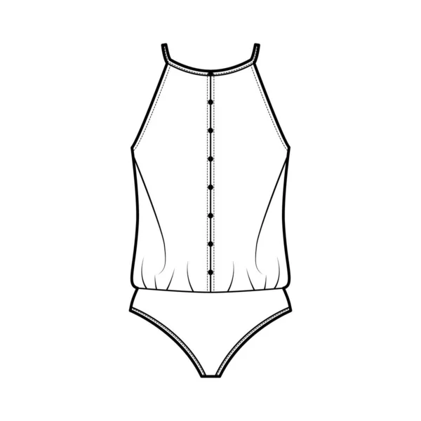 Camisole bodysuit teknisk mode illustration med avslappnad passform, tunna, racerback remmar, rad av knappar. Platta kläder — Stock vektor