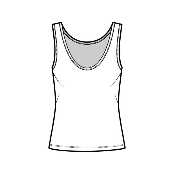 Bomull-jersey tank teknisk mode illustration med överdimensionerad kropp, djup scoop hals, långsträckt fåll. Platta kläder — Stock vektor