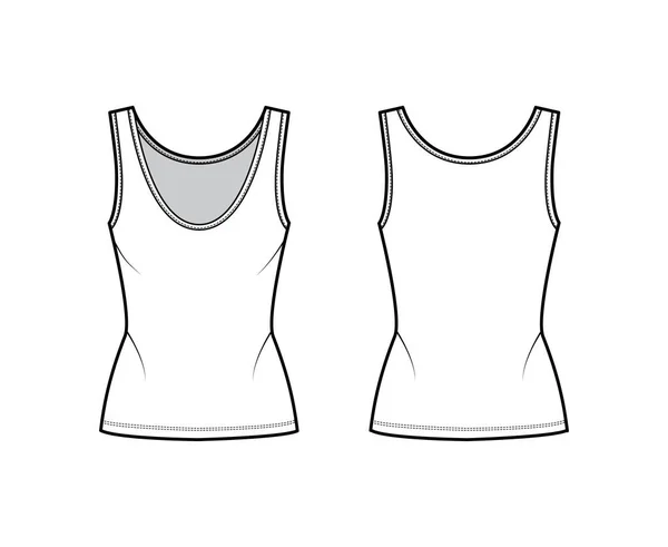 Débardeur en jersey de coton illustration de mode technique avec corps ajusté, col rond profond, ourlet allongé. Vêtements de dessus plats — Image vectorielle