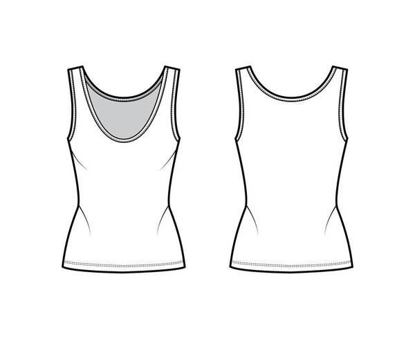 Cotton-jersey tank technical fashion illustration with fitted body, deep scoop neck, elongated hem. Flat outwear apparel