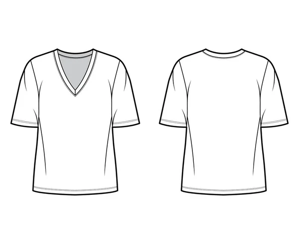 Camiseta de algodón-jersey ilustración técnica de moda con escote en V, mangas de codo, longitud de la túnica, de gran tamaño — Archivo Imágenes Vectoriales