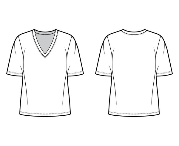 Cotton-jersey t-shirt technical fashion illustration with plunging V-neckline, elbow sleeves, tunic length, oversized