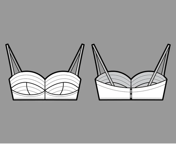 Bustier top technické módní ilustrace s oříznutou délkou, poháry a výstřižek přední, popruhy. Ploché plavky — Stockový vektor