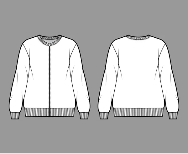 Zip-up bomull frotté oversized sweatshirt teknisk mode illustration med avslappnad passform, besättning halsringning, långa ärmar — Stock vektor