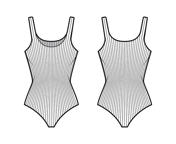 Camisola de algodão com nervuras bodysuit tanque ilustração de moda técnica com corpo de malha equipado, sem mangas. Roupa plana cami —  Vetores de Stock