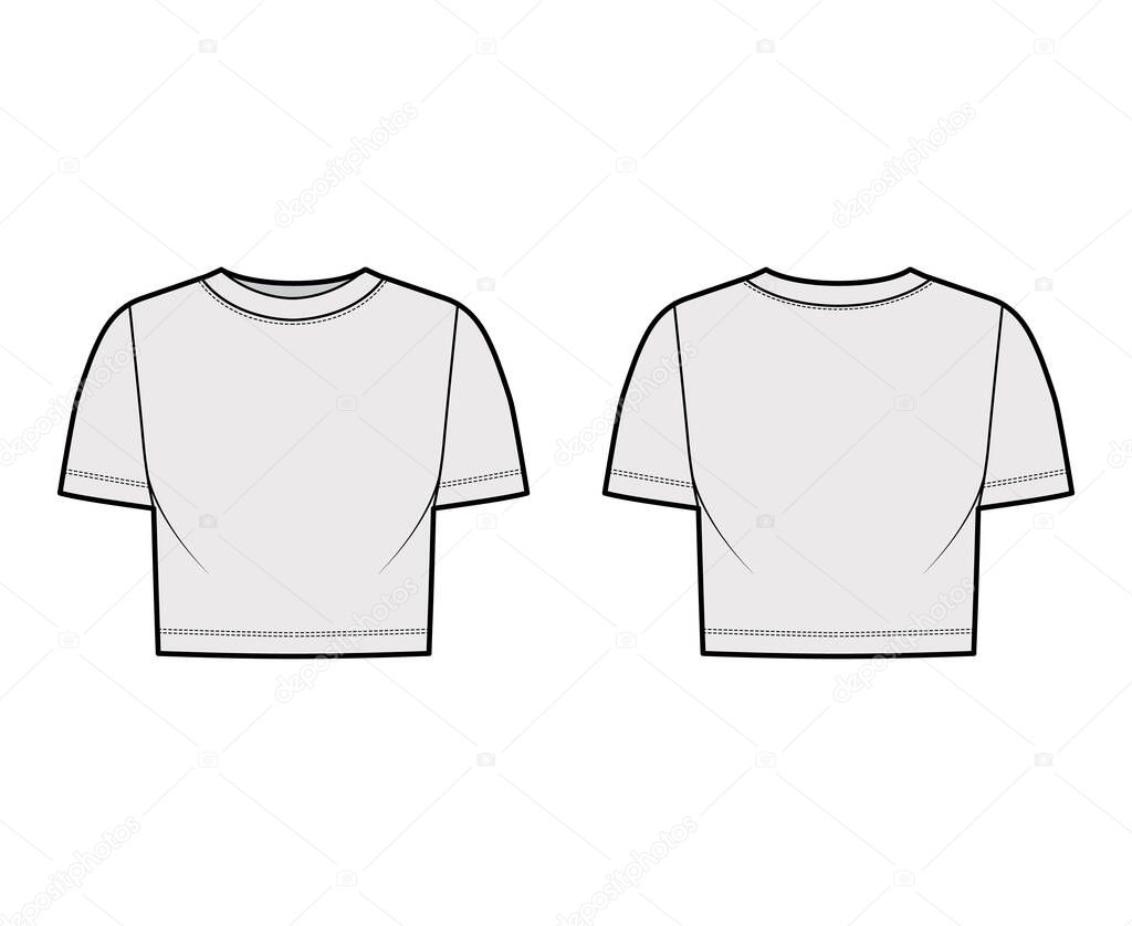 Cropped cotton-jersey t-shirt technical fashion illustration with scoop neck, short sleeves, relax fit. Flat apparel