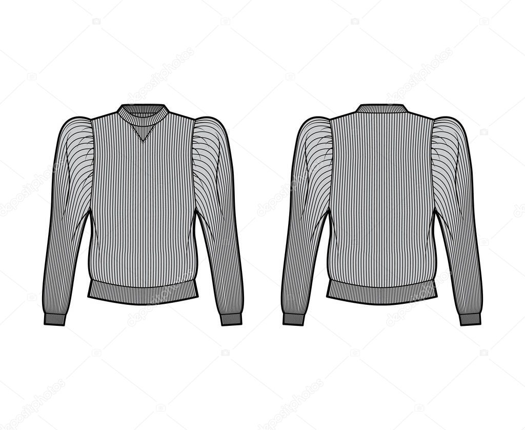 Ribbed cotton-jersey sweatshirt technical fashion illustration with gathered, puffy long sleeves, relaxed fit jumper