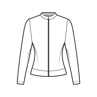 Fermuarlı pamuk-formalı sweatshirt, rahat formalı, yakalı, uzun kollu, teknik moda illüstrasyonu. 