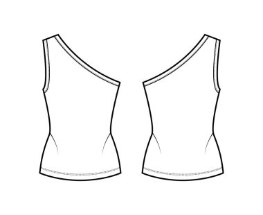 Tek omuzlu esneme tankı. Teknik moda çizimi. Vücut ve uzun kenarlı. Düz giyim cami 