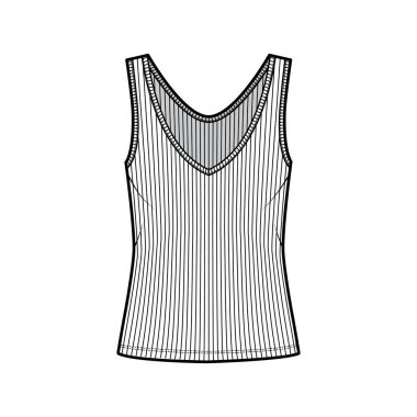 Tırtıklı, geniş gövdeli, V yakalı, uzun kenarlı, geniş kenarlı bir tank teknik tasviri. Düz üste 