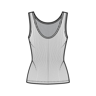 Kaburgalı, açık tanklı, teknik moda çizimi, uygun vücut, derin kepçe boyunlu, uzun kenarlı. Düz üst giysi