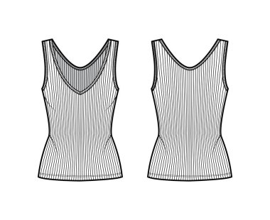 Kaburgalı, açık tanklı, teknik moda tasviri. Vücuduna uygun, V yakalı, uzun kenarlı. Düz üst giysi 