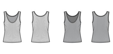 Kaburgalı, açık tanklı, teknik moda çizimi, büyük beden, derin kepçe boyun, uzun etek. Düz giyim