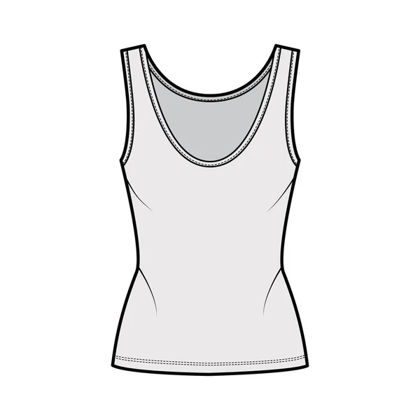 Bawełna-Jersey zbiornik ilustracji technicznej mody z dopasowanym ciała, głęboka gałka szyi, podłużne rąbka. Odzież z płaskiej bielizny — Wektor stockowy