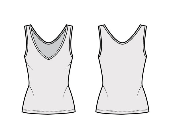 Cotton-jersey tank technical fashion illustration with fitted body, deep V-neckline, elongated hem. Flat outwear apparel