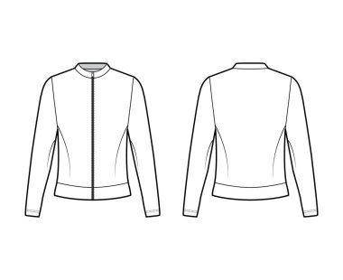 Fermuarlı pamuk-Terry sweatshirt, teknik moda çizimi, uzun kollu, büyük beden. Düz atlayıcı