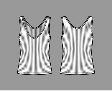 Tırtıklı, geniş gövdeli, V yakalı, uzun kenarlı, geniş kenarlı bir tank teknik tasviri. Düz üste 