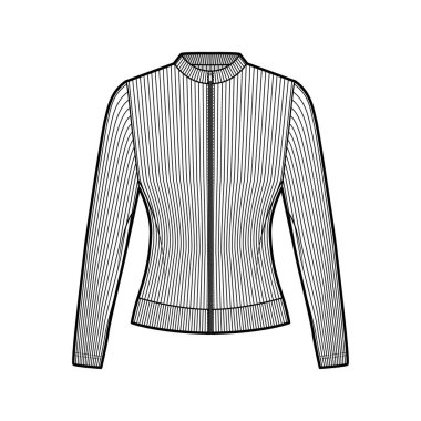 Fermuarlı çizgili pamuk-formalı sweatshirt uzun kollu teknik moda illüstrasyonlu, vücuduna uyumlu, tayfa yaka kazağı