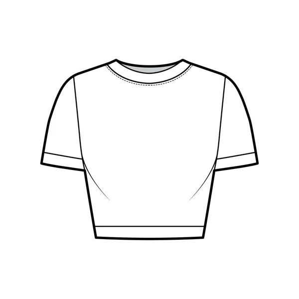 Zugeschnittenes T-Shirt aus Baumwolle-Jersey mit technischer Mode-Illustration mit Rundhalsausschnitt, kurzen Ärmeln, enger Passform. Flache Kleidung — Stockvektor